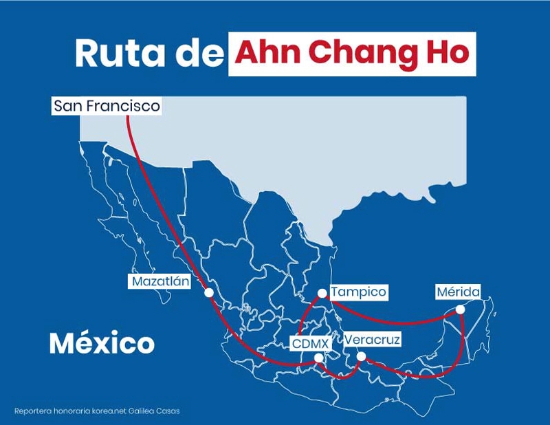 Ruta de Ahn Chang Ho por territorio mexicano desde San Francisco hasta la Ciudad de México. | Galilea Casas